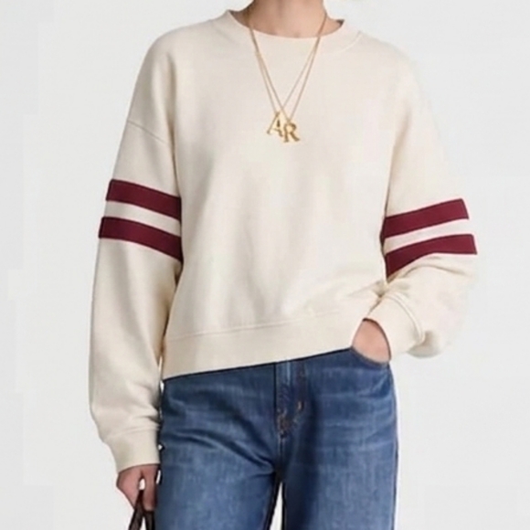 Madewell Sweaters - Madewell Relaxed Varsity Sweatshirt XXL Vintage Ivory Red Stripe Retro Preppy